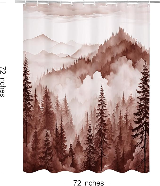 Litabel Burgundy Misty Pine Forest Shower Curtain, Mountain Foggy Woodland Scenery Tree Shower Curtains for Chic Rustic Bathroom, Abstract Modern Waterproof Nature-Themed Decor, 72x72 Inches
