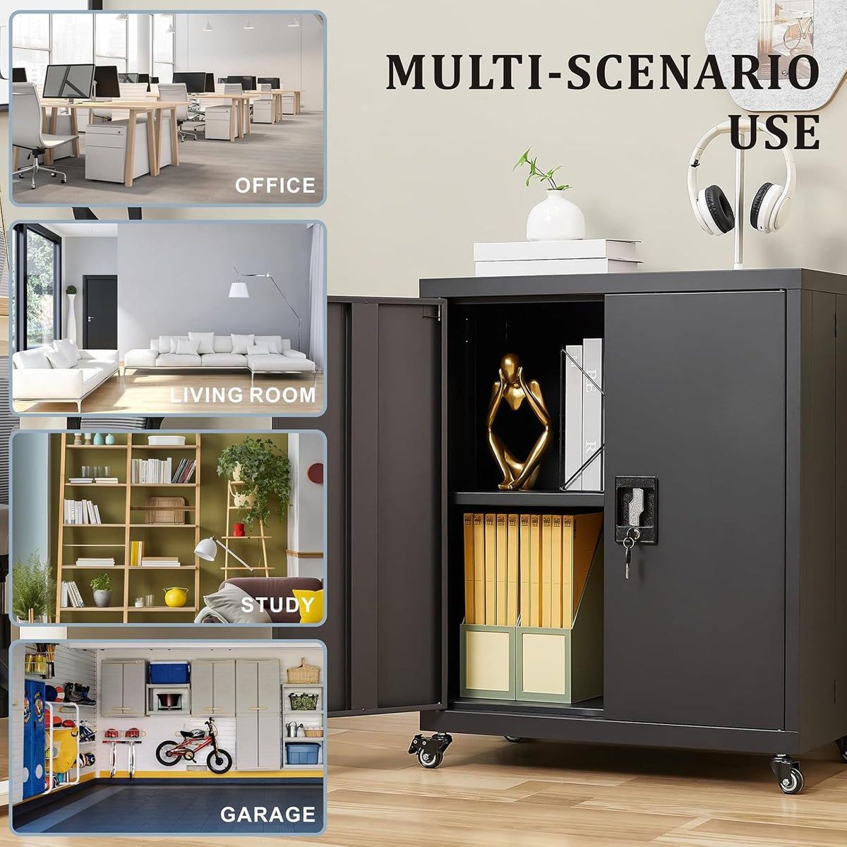 LUCYPAL Metal Storage Cabinet with Locking Doors and Wheels,Garage Storage Cabinets with 1 Adjustable Shelf for Home Office,Steel Counter Cabinet for Office,Garage,Kitchen,Black