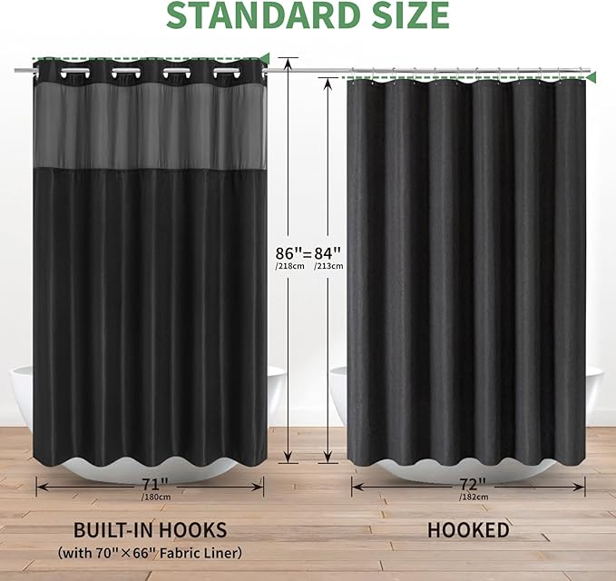eachope Extra Long No Hook Shower Curtain with Snap-in Fabric Liner Set,Black Waffle Weave Shower Curtains for Bathroom,Hotel Luxury Decor Bathroom Curtain Set,Waterproof & Washable,71Wx86H