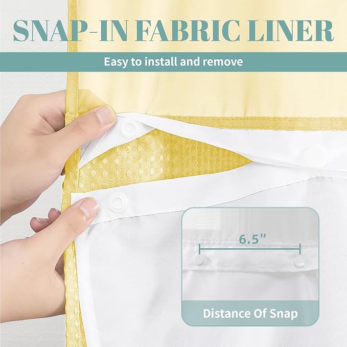 eachope Yellow No Hook Waffle Weave Shower Curtain with snap-in Liner Replacement, 230GSM Waterproof Fabric Hotel Shower Curtain Set for Bathroom, Through Mesh Top Window,71Wx74H