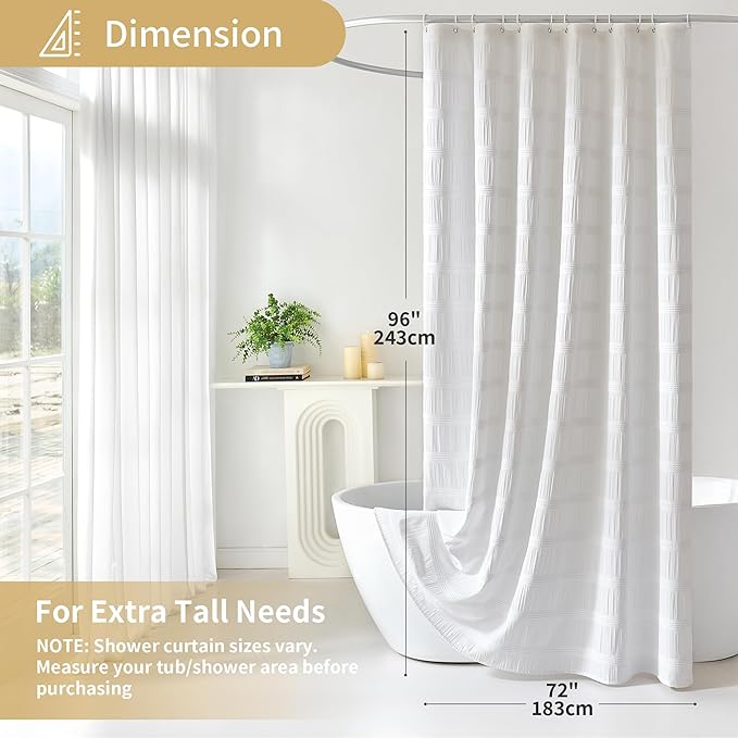 Lameirose Extra Long White Shower Curtain Farmhouse,72 x 96 Cotton Blend Waffle Tufted Striped Chic Textured Fabric Shower Curtain for Bathroom, Hotel, Washable