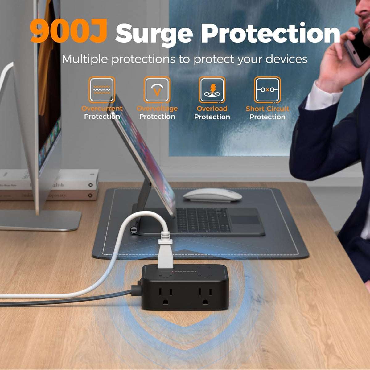 TESSAN 10 Ft Flat Plug Extension Cord with Multiple Outlets, Surge Protector Power Strip with 3 USB(1 USB C) 8 Outlets, 900J Protection, Desk Charging Station for Home, Office, Dorm Room, Black