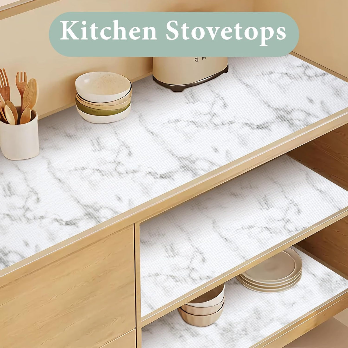 Drawer and Shelf Liner for Kitchen Cabinet: 17 in X 20 Ft Non Slip Waterproof Shelf Paper Non Adhesive Refrigerator Liners White Marble Easy Liners for Bathroom Cupboard with Knife Tape Measure