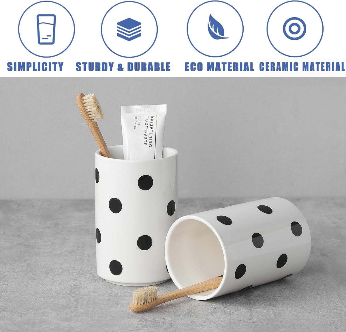 Black Polka Dot Ceramic Toothbrush Holders White - 2 Cups Toothbrush Holders for Bathrooms Toothbrush Toothpaste Holders, White Bathroom Tumbler Cups, Reusable Toothbrush Cups