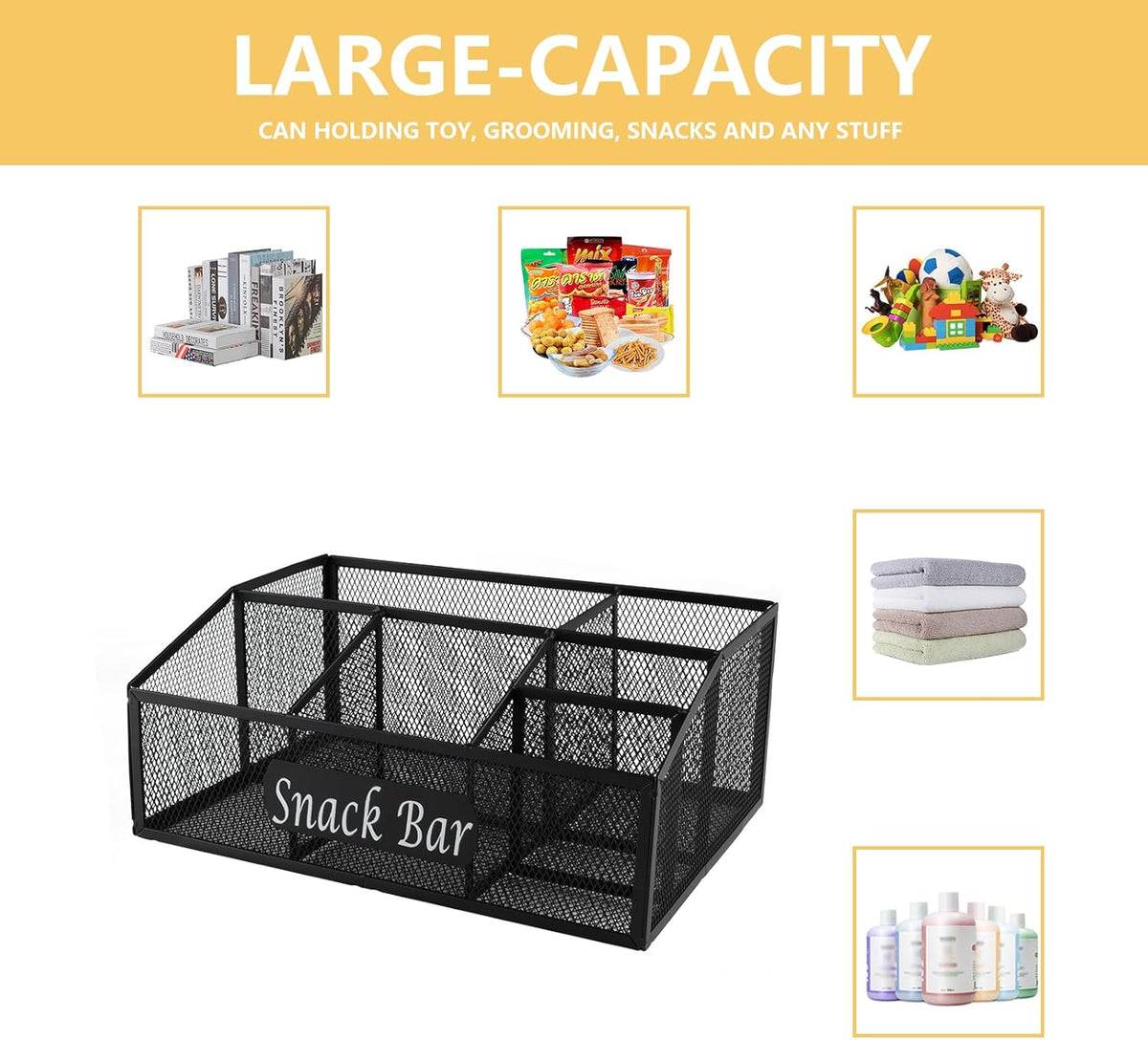 Snack Organizer for Pantry Shelf, Metal Snack Organizer Snack Basket, 6 Compartment Snack Bin Holder Chip Organizer, Snack Bar Station Organizer, Kitchen Pantry Organizer and Storage (Black)