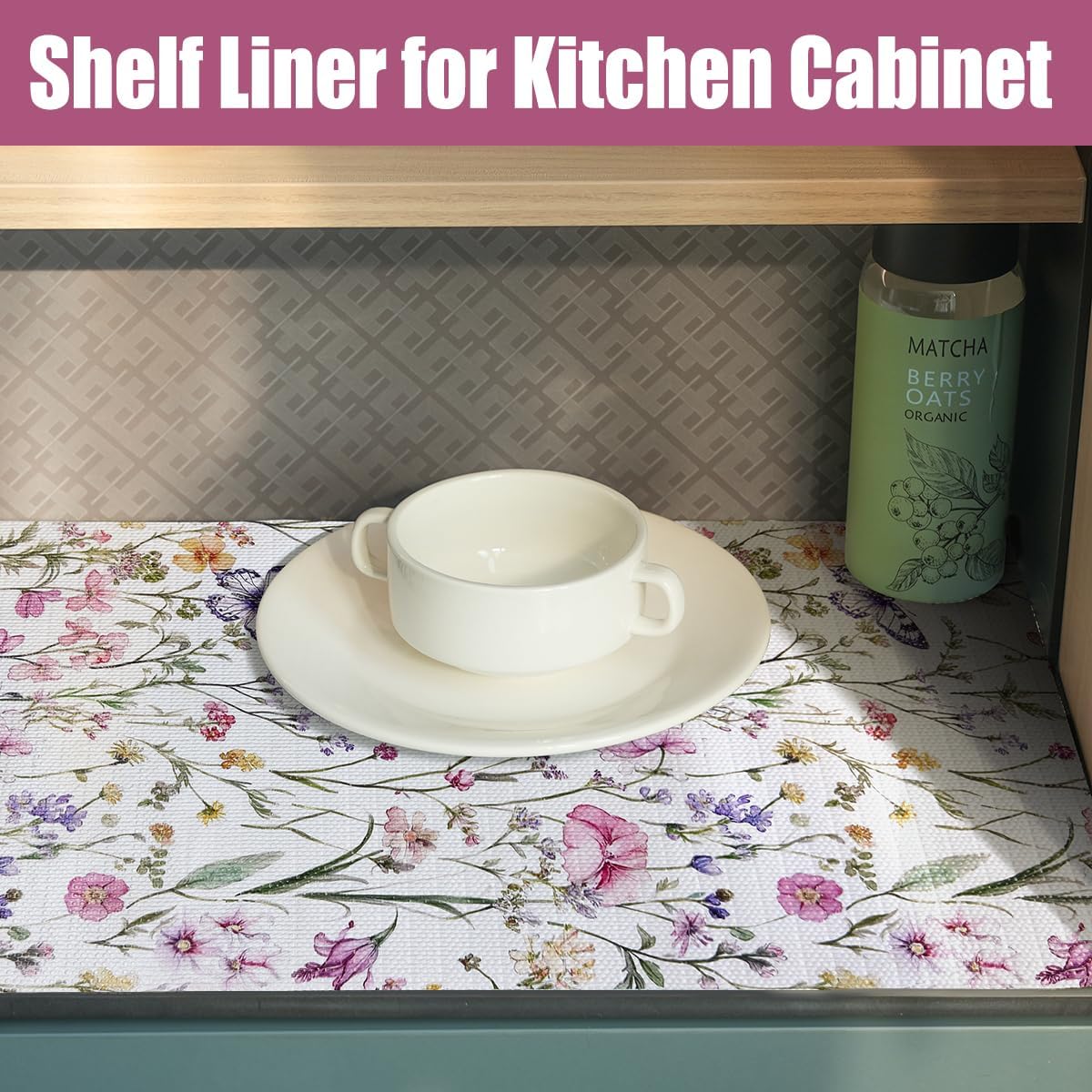 Drawer and Shelf Liner for Kitchen Cabinets,Non-Adhesive Drawer Liner,Non-Slip Floral Shelf Liners,Strong Grip Waterproof Easy to Clean Cabinet Liners for Drawers Cupboard Shelves 16IN×16.4FT