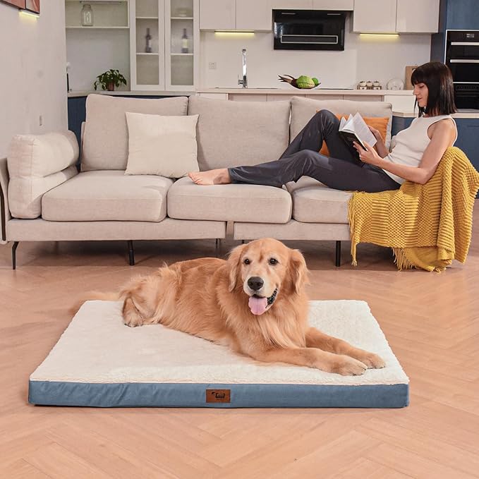 Tail Stories Orthopedic Dog Bed for Large Dogs - Pet Bed with Removable Washable Cover, Large Waterproof Dog Bed for with Egg Crate Foam, Blue White