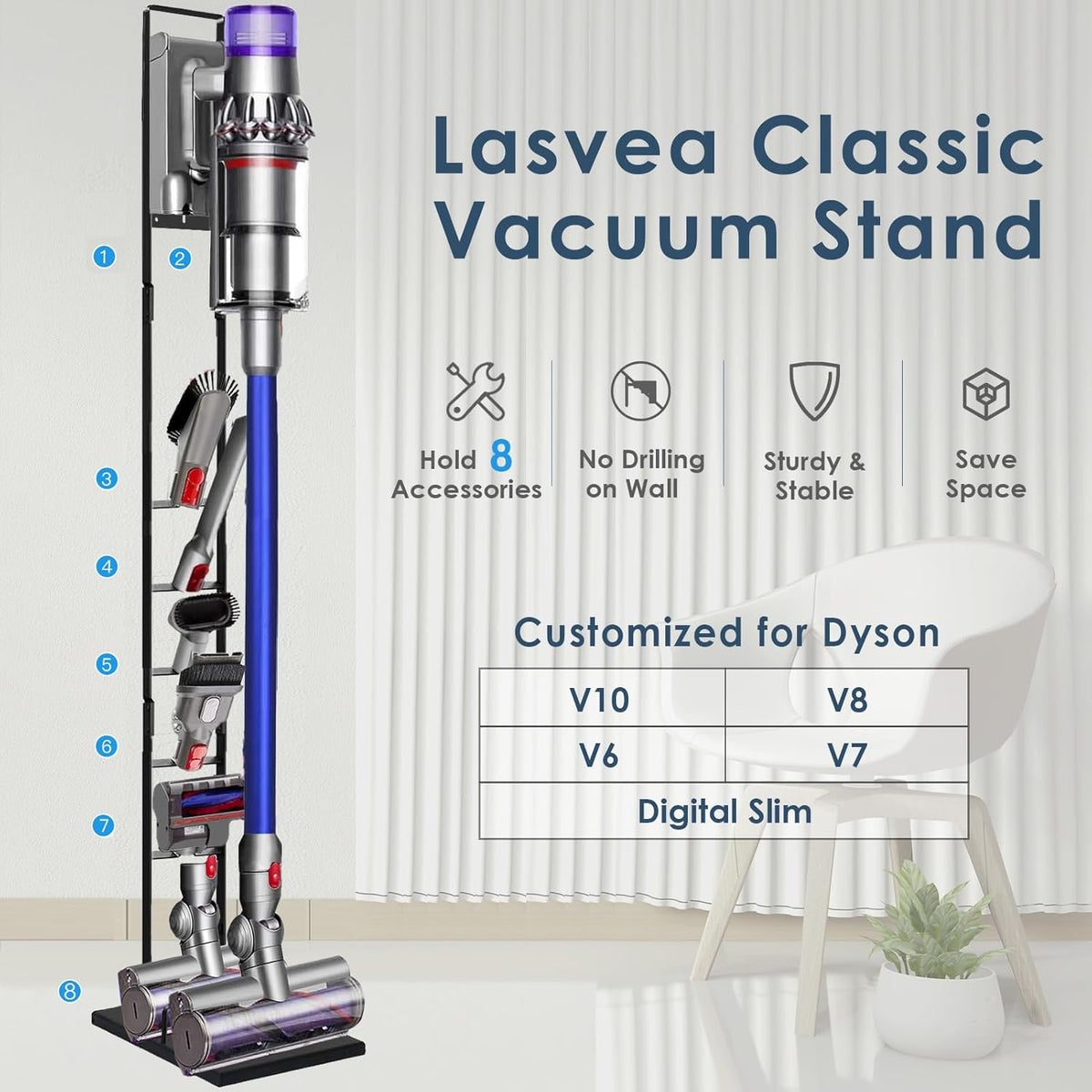 Vacuum Stand for Dyson V6, V7, V8, V10, V11, V12, V15 Cordless Cleaners - Heavy Base Metal Bracket Holder with Trigger Lock, On/Off Control Clamp, Accessory & Attachment Storage