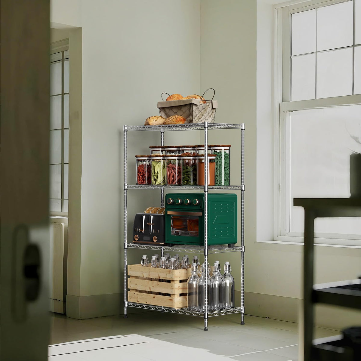 1000 lbs 4Tier Shelf Metal Storage Shelves Wire Rack Closet Organizers with Wheel for Garage Kitchen Bathroom Laundry Chrome 13.7" D x 29.5" W x 47.2" H