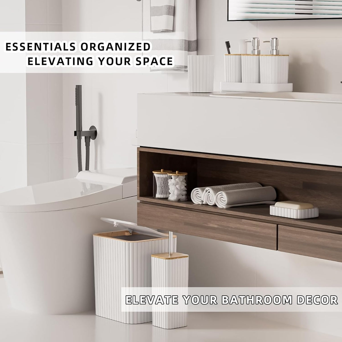 Bathroom Accessories Set - Elegant White Bathroom Set, 10PC Bathroom Accessory Set, Toilet Brush, Trash Can, Qtip Holder Dispenser & Soap Dispenser