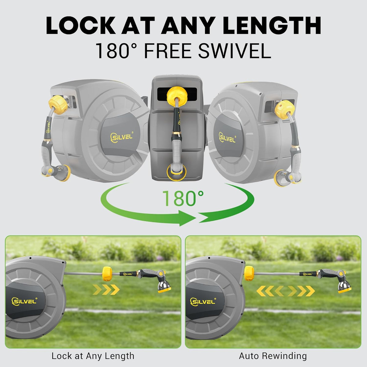 SILVEL 1/2 in x 110 FT Retractable Garden Hose Reel, UV Resistant Heavy Duty Automatic Hose Reel Wall Mount with 10 Pattern Nozzle, Any Length Lock & Slow Return System, 180°Swivel Bracket, Yellow