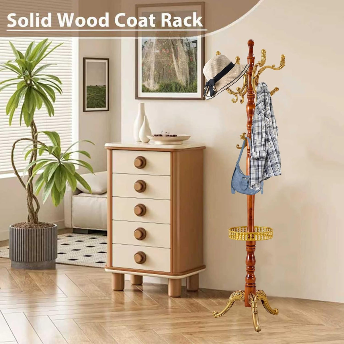 Solid Wooden Coat Rack Stand, Coat Racks Freestanding with 14 Hooks, Natural Birch Wood Coat stands with Sturdy Round Base, Tree Coat Hanger Standing for Entryway Bedroom Office(Begonia triangle2)