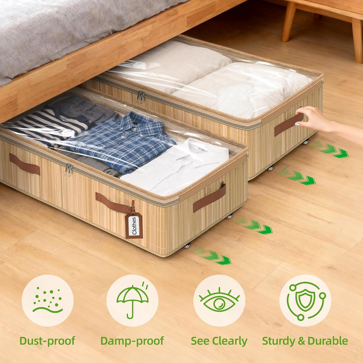 Livole 2 Pack Bamboo Under Bed Storage with Wheels, 6 inches Underbed Storage Containers, 56L XXL Rolling Under Bed Storage Bins with Clear Lid & Label for Clothes, Blankets, Sweater, Shoes