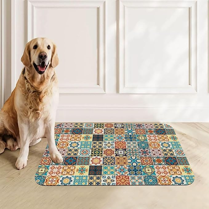 Traditional Multicolor Ornate Dog Food Mat Absorbent Bowl Mats No Stains Quick Dry Waterproof Pet Cat Placemats for Food and Water, 30x45cm
