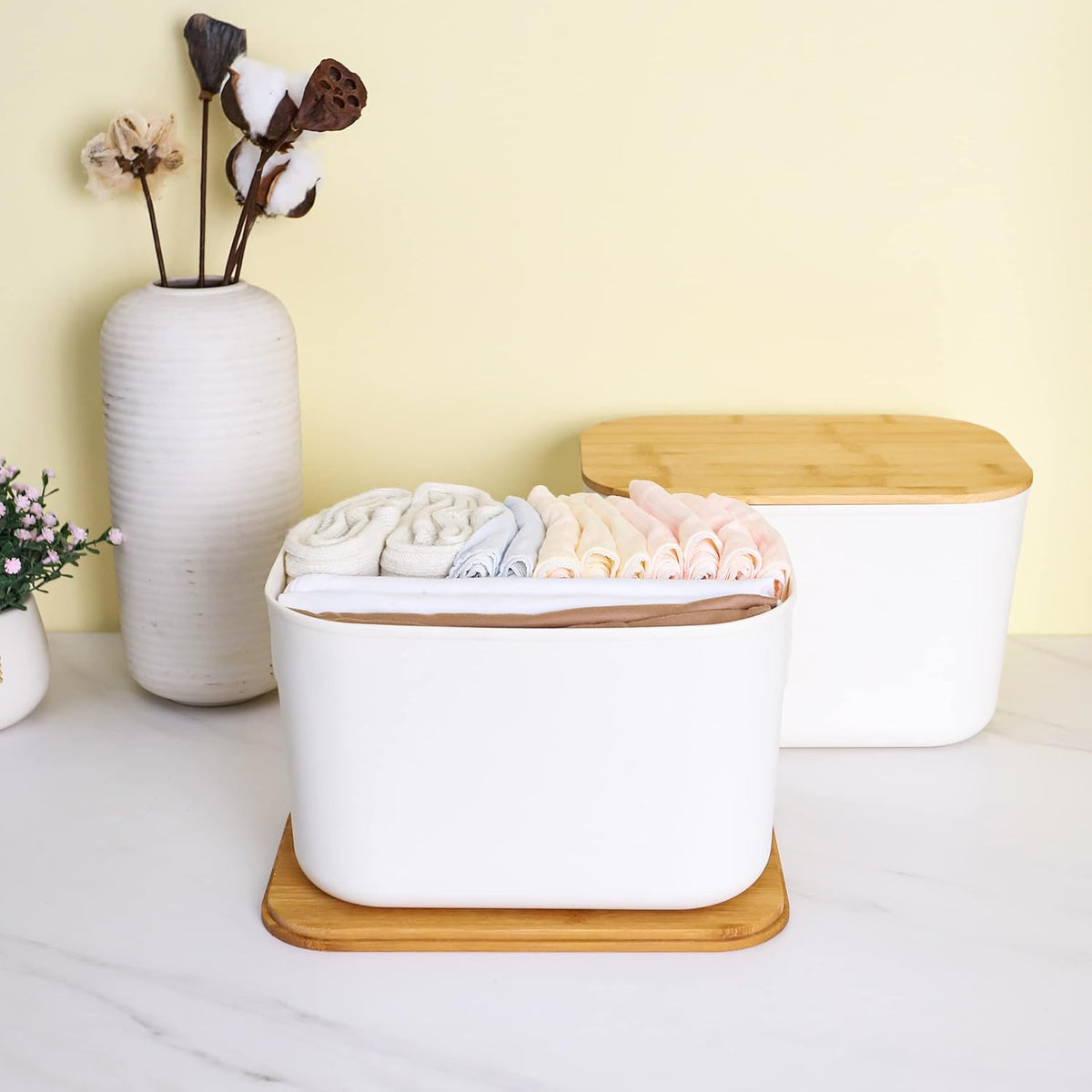 Citylife 2 PCS Storage Bins with Bamboo Lids Plastic Storage Containers for Organizing Stackable Storage Box with Handle, 10.23 x 7.08 x 6.3 inch