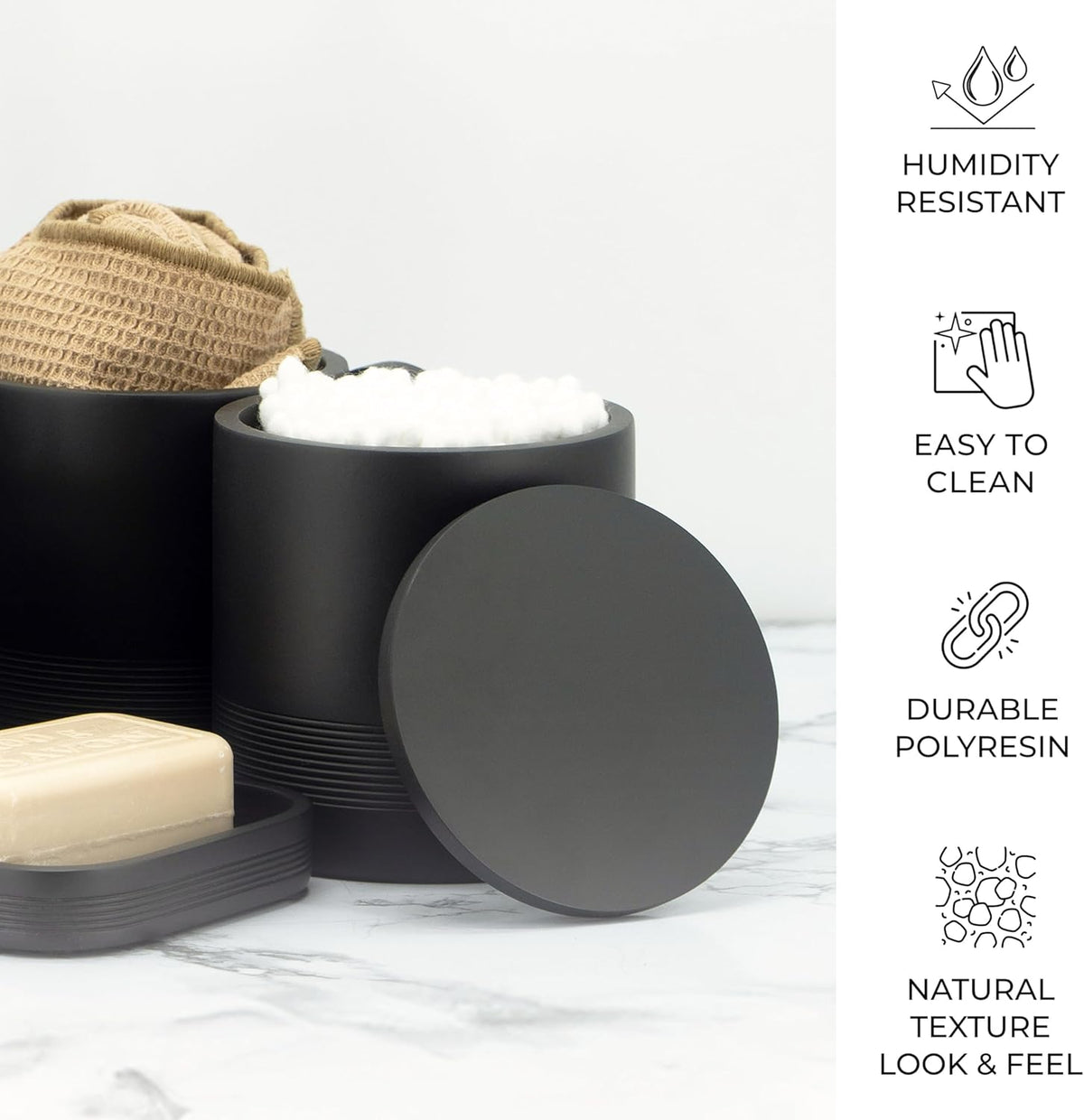 ZCCZ Black Matte Bathroom Accessories Set 6 Pieces - Toothbrush Holder, Lotion Dispenser, Qtip Container, Vanity Tray, Tumbler - Countertop Organizer for Bathrooms - Elegant and Functional Décor Set