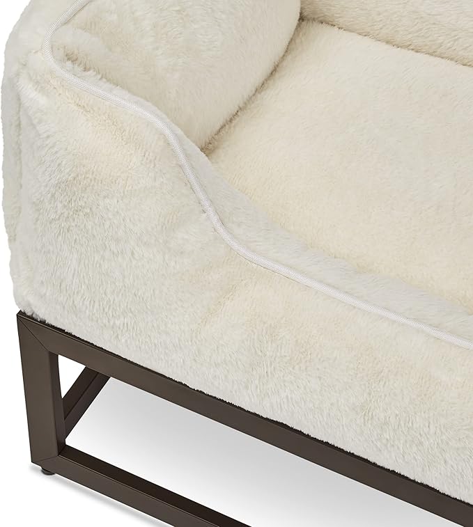 FUZI Elevated Dog Bed Small, Luxury Raised Dog Beds, Removable and Machine Washable Bed Cover, Indoor/Outdoor Orthopedic Pet Bed, Small 25.1x16.75x18 Soft White & Dark Brown Base