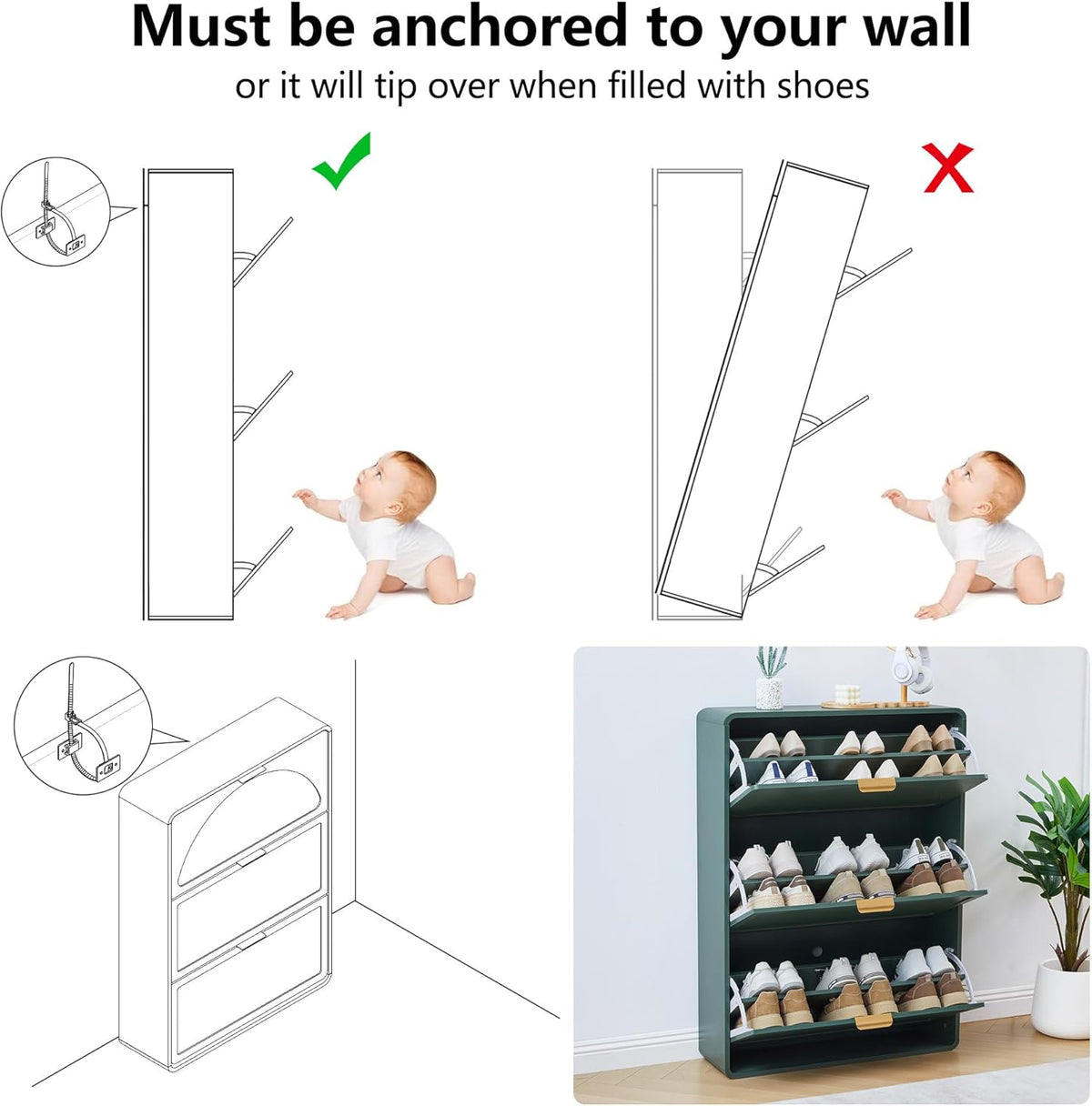 Hidden Shoe Cabinet with Drawer, Free Standing Narrow Shoe Rack Cabinet for Entryway Slim, 3 Flip Drawer Shoe Storage Organizer Cabinet for Entry,Hallway,Door,Dorm,Small Spaces - Green