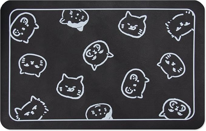 YCT Cat Food Mat for Pet Dogs - Non-Slip Super Absorbent, with Multiple Cat Heads Logo, 18.1 x 11.8 Inches, Black