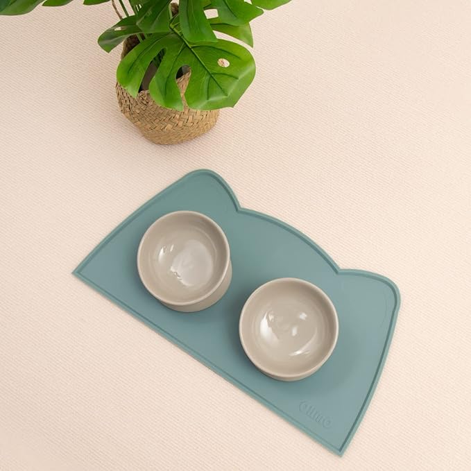 OHMO - Cat Food Mat, Silicone Pet Feeding Mat for Floor Non-Skid Waterproof Dog Water Bowl Tray, Easy to Clean Pet Placemat (Light Blue, 18 * 9.8'')