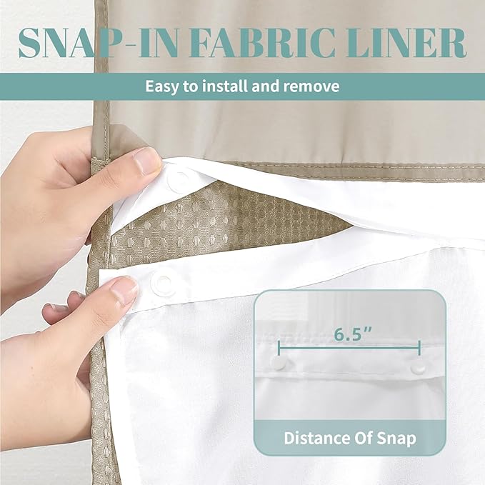 eachope Khaki No Hook Waffle Weave Shower Curtain with snap-in Liner Replacement, 230GSM Waterproof Fabric Hotel Shower Curtain Set for Bathroom, Through Mesh Top Window,71Wx86H