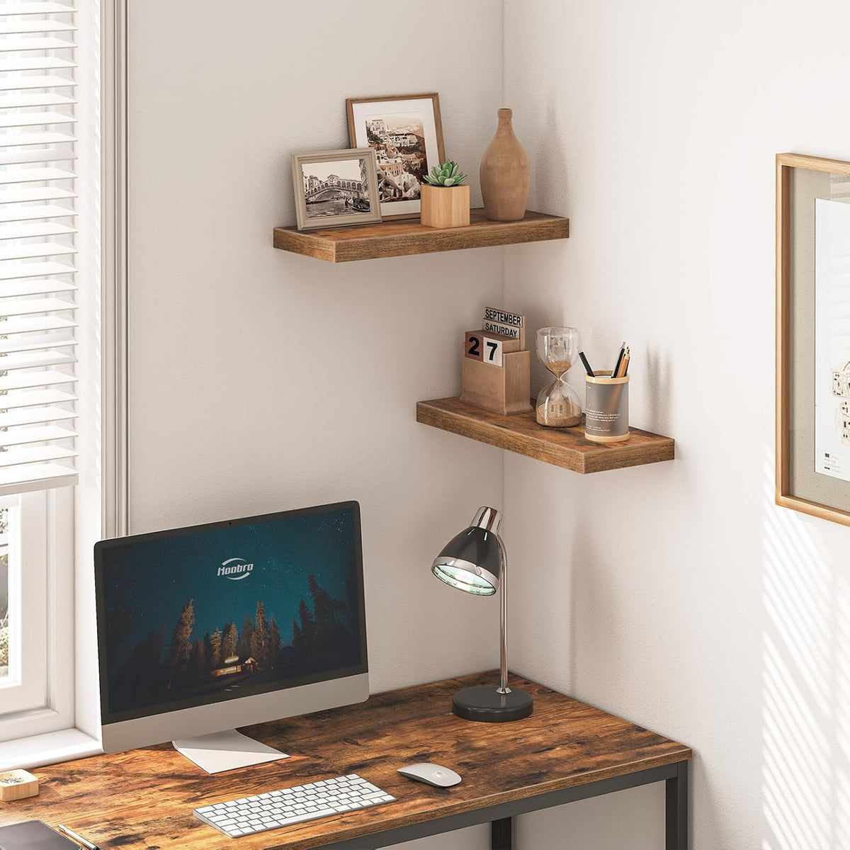 HOOBRO Floating Shelves for Wall, Wall Mounted Shelf Set of 2, 15.7" Hanging Shelf with Invisible Brackets, for Wall in Bathroom, Bedroom, Toilet, Kitchen, Living Room, Office, Rustic Brown BF40BJ01