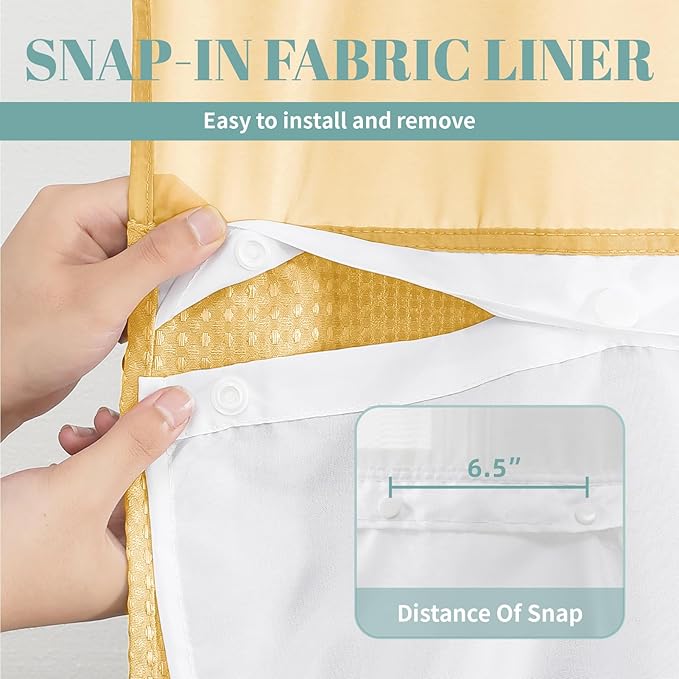 eachope Gold No Hook Waffle Weave Shower Curtain with snap-in Liner Replacement, 230GSM Waterproof Fabric Hotel Shower Curtain Set for Bathroom, Through Mesh Top Window,71Wx74H