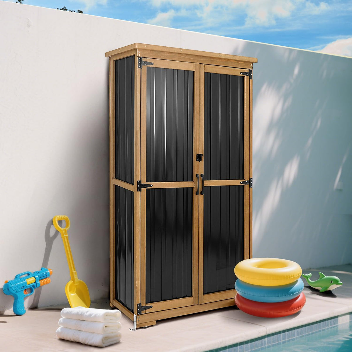 Outdoor Storage Cabinet with Shelves Outside Storage Shed Weather-Resistant with Waterproof Roof, Patio Pool Garden Garage Storage Cabinet Tool Organizer