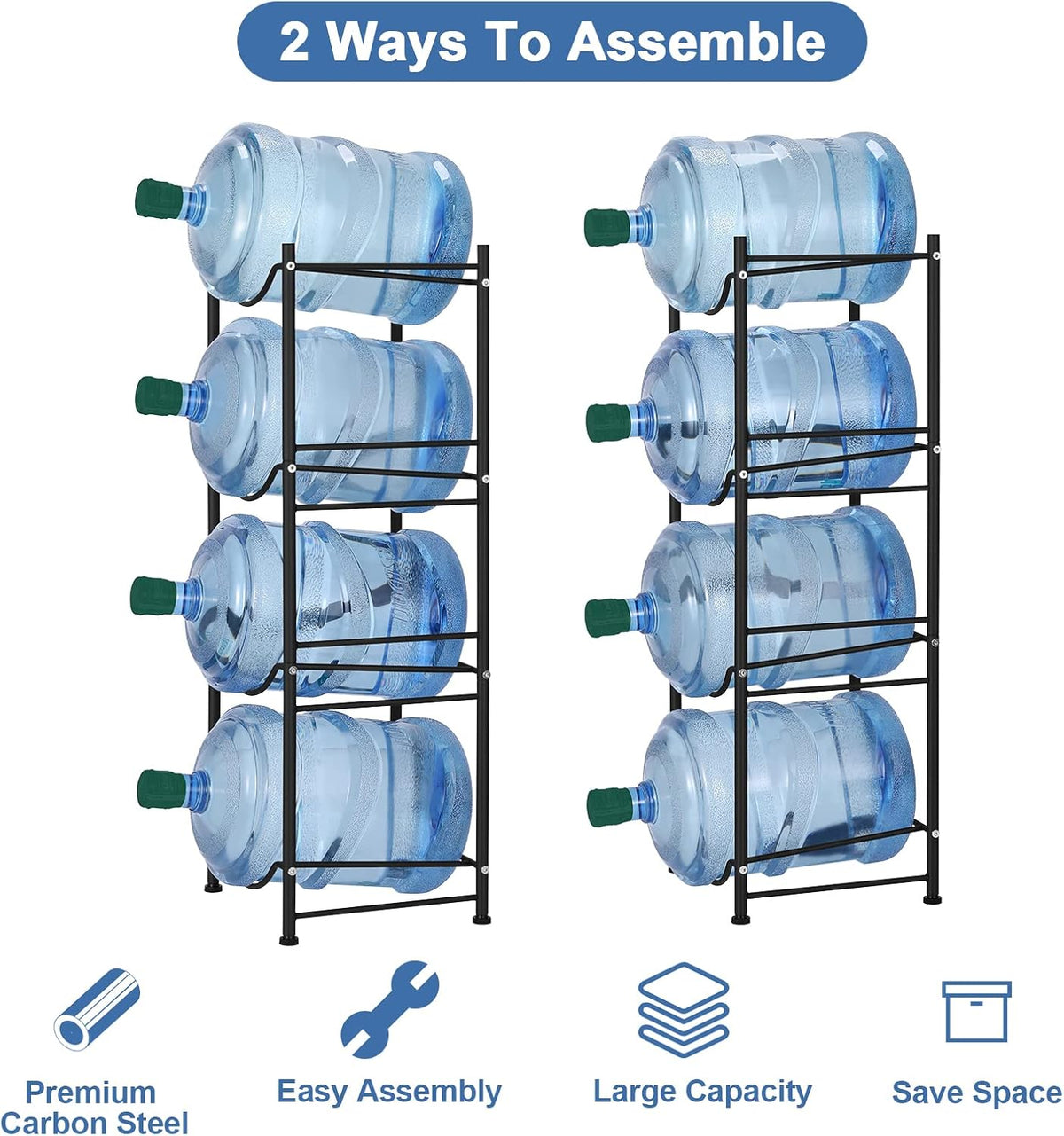 smusei 5 Gallon Water Bottle Jug Holder 4 Tier Heavy Duty Cooler Jug Storage Rack Detachable Bottle Organizer Shelf for Home, Kitchen, Office, Breakroom Space Save, Black