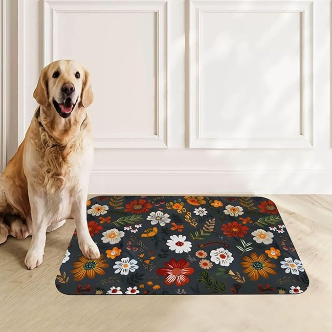 Flower Berries Dog Food Mat Absorbent Bowl Mats No Stains Quick Dry Waterproof Pet Cat Placemats for Food and Water, 30x45cm