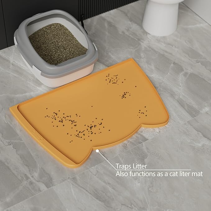 OHMO Dog Food Mat(Honey, 24 * 15'') w/Residue Collection Pocket Silicone Pet Feeding Mat for Floor High Edges Anti Spills Waterproof Cat Water Bowl Tray, Easy Clean Placemat
