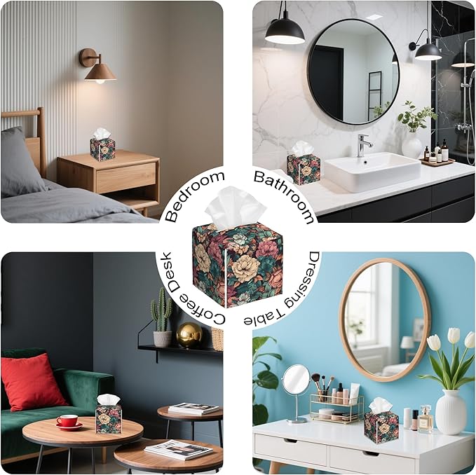 Romantic Big Flower Tissue Box Cover Square,Tissue Box Holder with Belt Bottom,Stylish Leather Napkin Holder for Vanity Countertop,Nightstands,Office Desk,5.2"×5.2"×5.2"