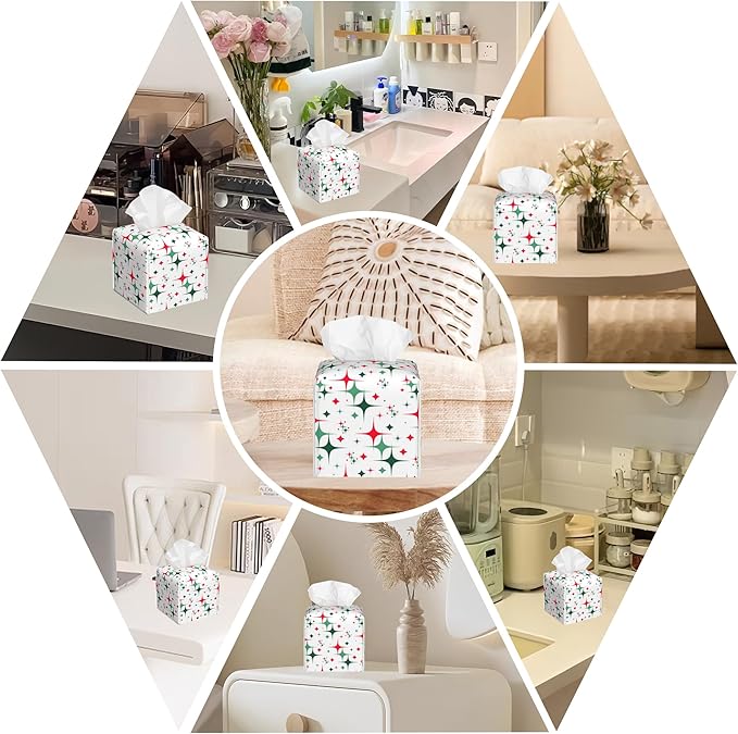 BLYKVGHQ Square Tissue Box Cover Retro Christmas Stars Tissue Box Holder Facial Cube Paper Dispenser Leather Decorative Organizer Home Office Desk Decor, 5.2"x5.2"x5.2"