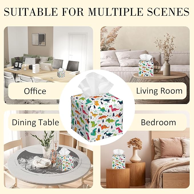 POIUBLE Leather Tissue Box Holder Cartoon Dinosaur Tissue Box Cover Square Waterproof Tissue Holder Organizer Modern Napkin Holder for Bedroom Dresser Night Stand Office Desk