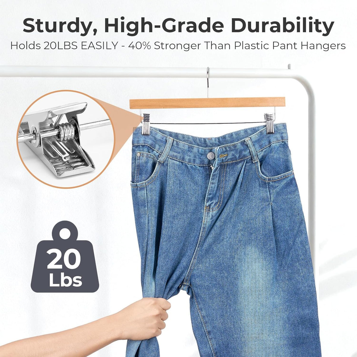 HOUSE DAY Wooden Pants Hangers with Clips, Solid Lotus Deluxe Wood Skirt Hangers, Heavy Duty & Anti-Rust Hook for Wrinkle-Free Slacks, Skirts, Jeans, Space Saving for Closet 20 Pack (Natural)