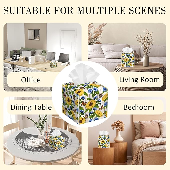 POIUBLE Cornflowers and Sunflowers Tissue Box Cover Butterfly and Ladybug Leather Tissue Box Holder Square Facial Paper Organizer Dispenser for Bathroom Kitchen Bedroom Vanity Countertop Night Stands