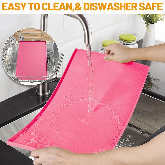 Hubulk Dog Feeding Mat,100% Waterproof Food Grade Silicone Pet Food and Water Bowl Placemat,Dishwasher, High Raised Edge to Prevent Spills,Nonslip Tray to Stop Messes on Floor(28"x18"x0.8", Pink)