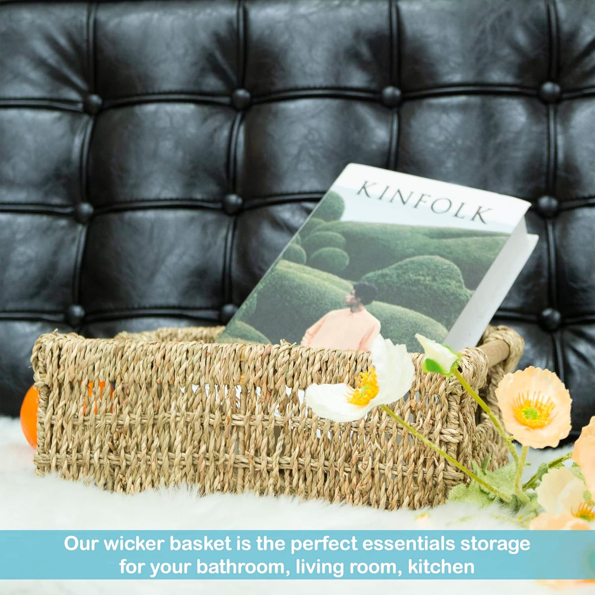 Natural Seagrass Storage Basket with Handle, Rectangular Woven Organizer Bin for Living Room or Shelf, Decorative Storage Basket, Medium Size 13.4 x 9.3 x 4.9 Inches