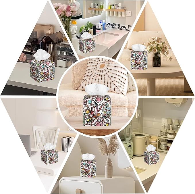 BLYKVGHQ Scattered Cosmetics Tissue Box Cover Square, Perfume and Lipstick Tissue Box Holder with Bottom Belt Leather Facial Paper Organizer Dispenser for Bathroom Bedroom Dresser Night Stand Tabletop