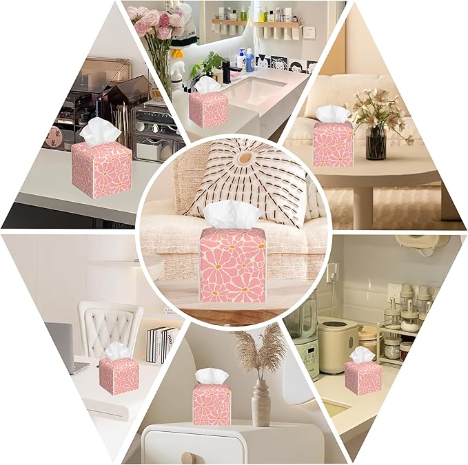 BLYKVGHQ Pink Retro Groovy Flower Tissue Box Cover Square, Tissue Box Holder with Bottom Belt Leather Facial Paper Organizer Dispenser for Bathroom Bedroom Dresser Night Stand Tabletop