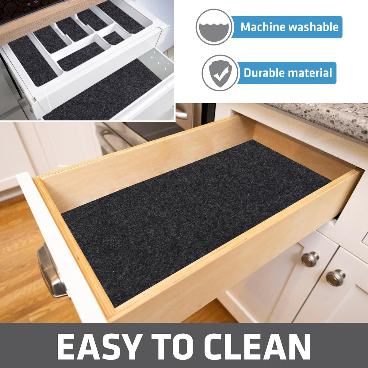 Drymate Premium Luxury Shelf & Drawer Liner, Thick Cushioned Fabric, Non-Adhesive, Absorbent, Waterproof, Slip-Resistant, Liners for Kitchen Cabinets, Cupboards (USA Made)(12”x59”)(2-Pack)(Charcoal)