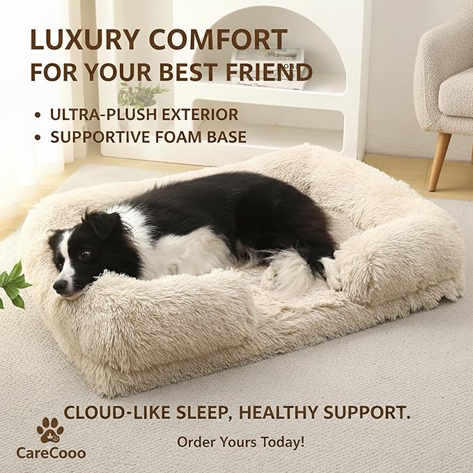 CareCooo Orthopedic Dog Bed for XL Dogs - Washable Memory Foam Pet Sofa, Fluffy Plush Rectangular Bed, Waterproof Anti-Anxiety Couch, Light Gray, XL