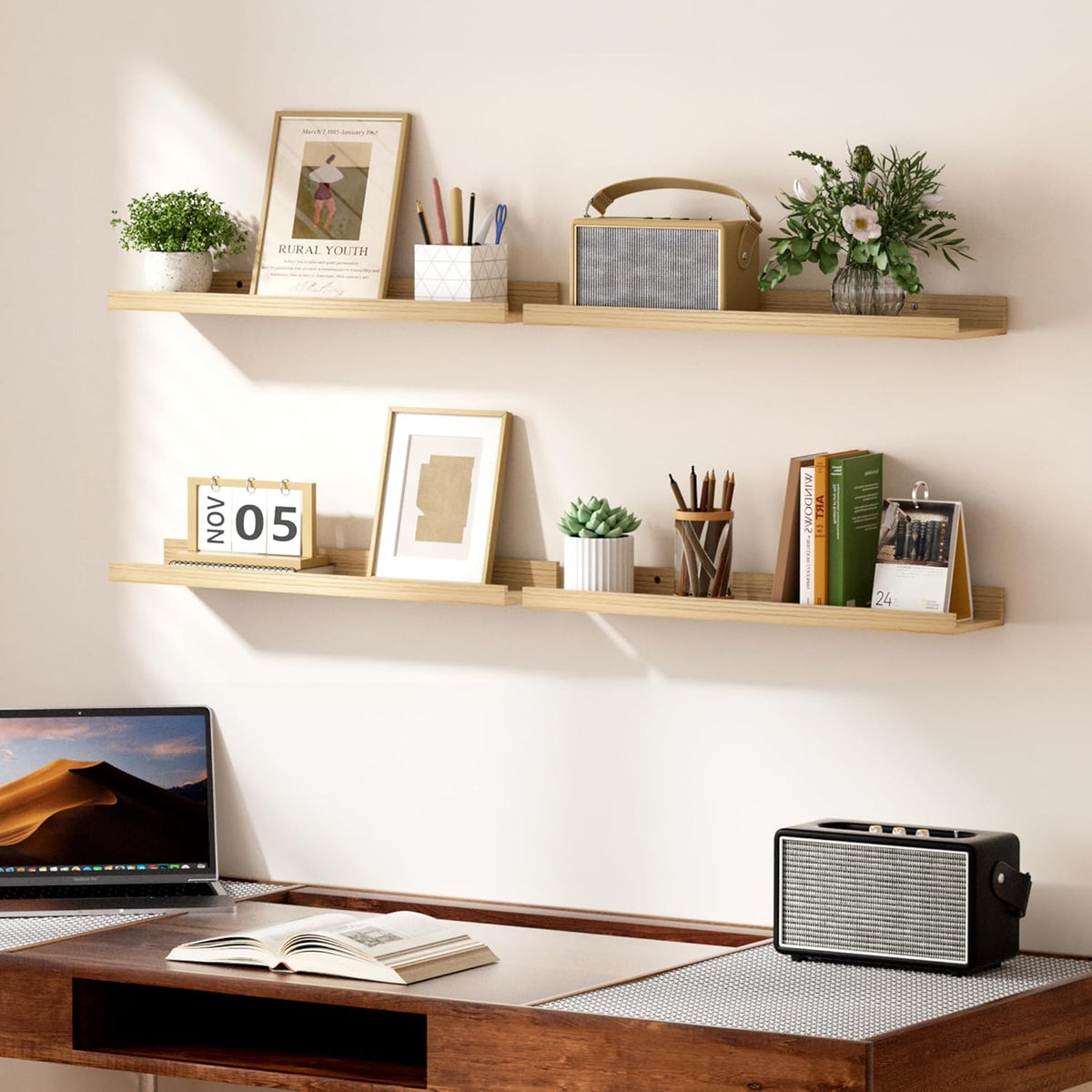 upsimples Floating Shelves for Wall, 23.6 Inch Shelves for Decor Storage Set of 6, Wall Mounted Wood Shelf for Bedroom, Living Room, Bathroom, Kitchen, Long Picture Ledge Shelves, Natural