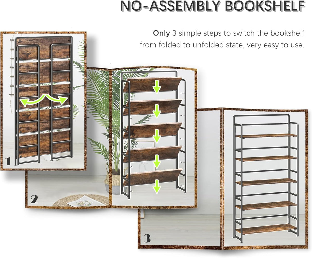 4NM No Assembly Extra Wide 5 Tiers Folding Bookshelf Storage Shelves Vintage Bookcase Standing Racks Study Organizer Home Office (Rustic Brown Black)