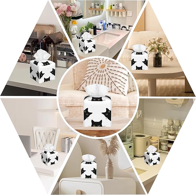 BLYKVGHQ Black Cat Tissue Box Cover Square, Tissue Box Holder with Bottom Belt Leather Facial Paper Organizer Dispenser for Bathroom Bedroom Dresser Night Stand Tabletop