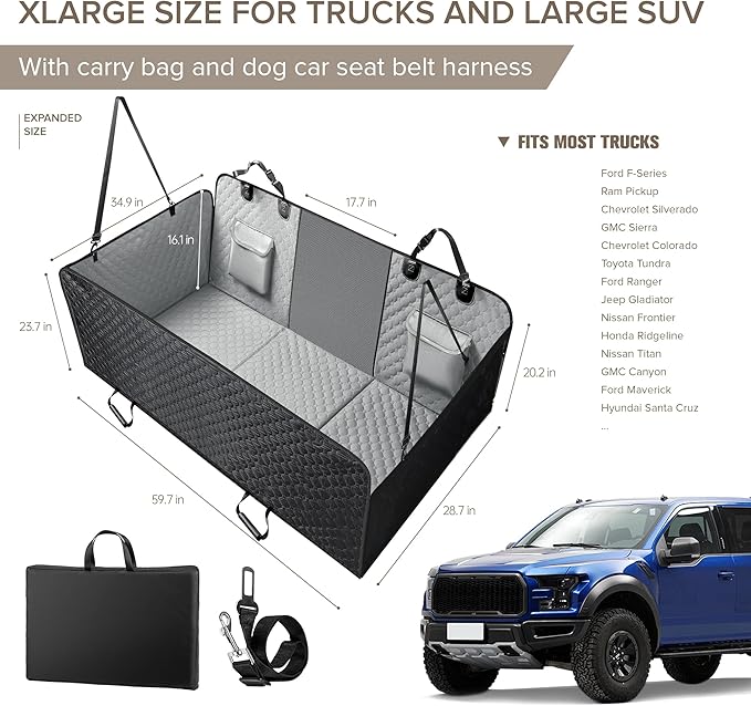 SHARLOVY XL Truck Back Seat Extender for Dogs, Large Hard Bottom Dog Car Seat Cover for Back Seat, Heavy Duty Dog Car Hammock, Waterproof Pet Seat Covers for Trucks, F150, Ram1500 and Large SUV