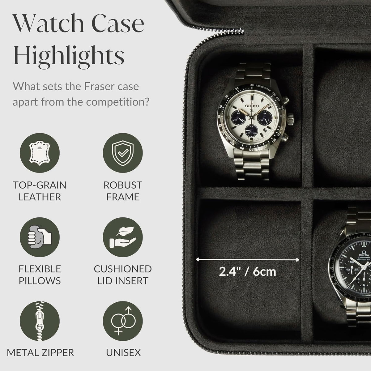 TAWBURY Watch Case - 8 Slot Genuine Top-Grain Leather Watch Box for Men & Women with Extra Wide Pillows for Large Watches - Portable Wristwatch Storage for Home & Travel (Black)