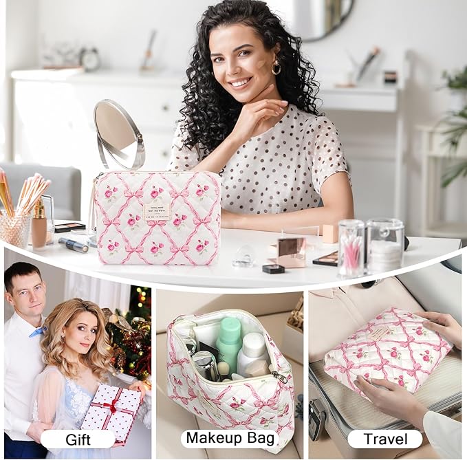 Gosect Floral Makeup Bag, Small Cosmetic Bag for Women Girls, Cute Cotton Makeup Bag, Quilted Makeup Bags, Flower Travel Toiletry Organizer Bag(Pink bow ties)