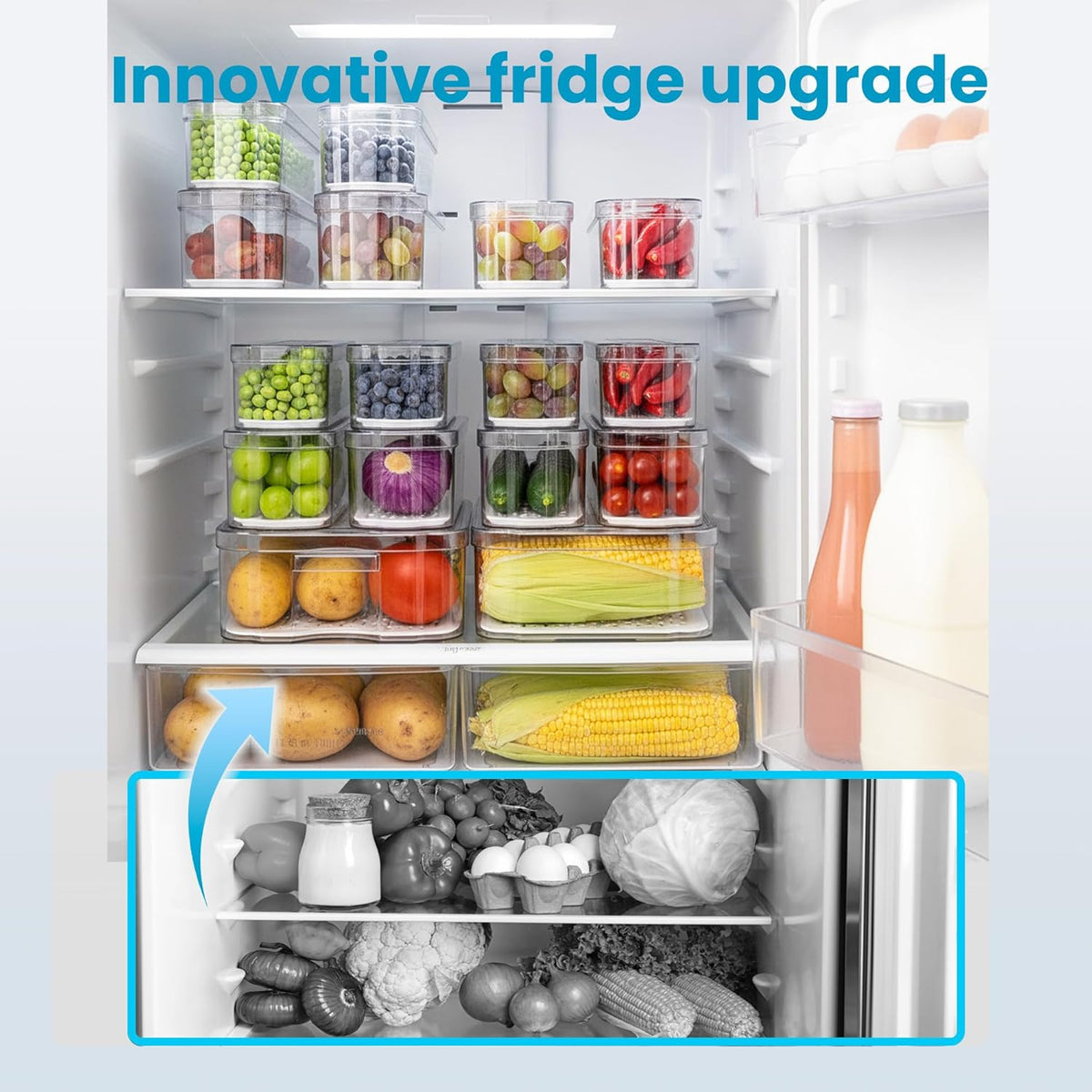 8 Pack Refrigerator Organizers and Storage, Clear Pull-out Drawer Container and Organizer Bins with Lids, Stackable Storage Containers for Fruits, Vegetable (Set of 8 (Include Pull-out Drawer))