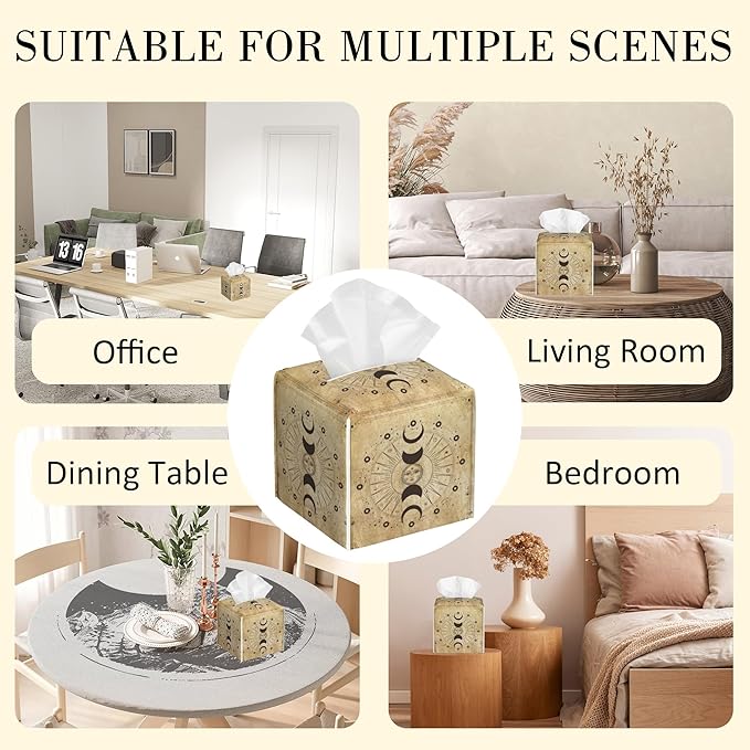 POIUBLE Leather Tissue Box Holder Moon Phases Tissue Box Cover Astrology Square Waterproof Tissue Holder Organizer Modern Napkin Holder for Bedroom Dresser Night Stand Office Desk